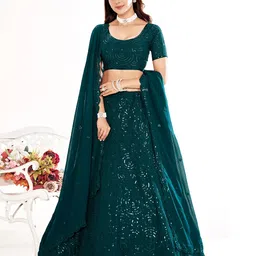 SHOPGARB Embroidered Sequinned Semi-Stitched Lehenga & Unstitched Blouse With Dupatta-picture-13