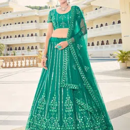 SHOPGARB Teal Embroidered Sequinned Semi-Stitched Lehenga & Unstitched Blouse With Dupatta-image-13