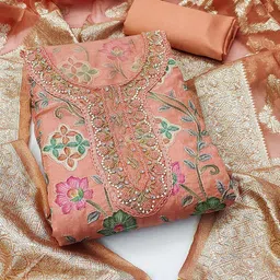 KALINI Floral Embroidered Beads & Stones Detailed Organza Unstitched Dress Material-image-23