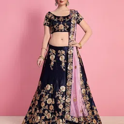 ODETTE Blue & Pink Embroidered Semi-Stitched Lehenga & Unstitched Blouse With Dupatta-14