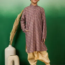 Sangria Boys Sequenced & Floral Printed Cotton Mandarin Collar Kurta-0