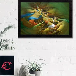 eCraftIndia Green & Yellow Radha Krishna Playing Flute Satin Matt Texture UV Wall Art-image-58