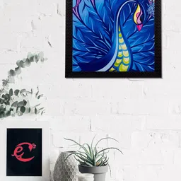 eCraftIndia Blue & Yellow Dancing Peocock Satin Matt Texture UV Wall Art-47