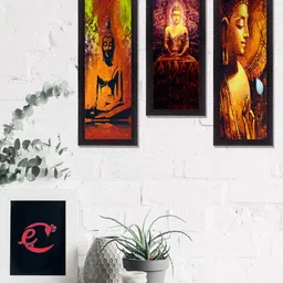 eCraftIndia Set Of 3 Brown & Red Lord Buddha Satin Matt Texture UV Wall Art-3