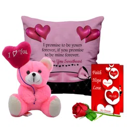 ME & YOU 4 Pieces Pink & Red Printed Cushion Teddy Greeting Card & Rose Valentine Gift Set-17