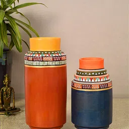 AAKRITI ART CREATIONS Spice Route 2-Pieces Red & Blue Printed Terracotta Vases-image-67