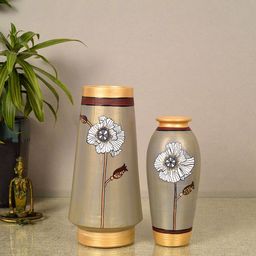 AAKRITI ART CREATIONS Grey & Gold Toned 2 Pieces Printed Terracotta Cone Vase-6