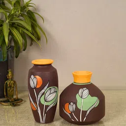 AAKRITI ART CREATIONS Autumn Hues 2-Pieces Brown & Yellow Floral Printed Terracotta Vases-image-95