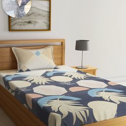 SOKNACK Grey & Beige Floral Printed 280 TC Fitted Single Bedsheet & Pillow Cover-image-44