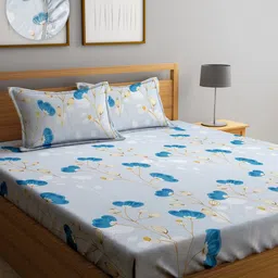 SOKNACK Off White & Blue Printed 280 TC Cotton Fitted Queen Bedsheet & Pillow Covers-picture-18