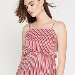 Marie Claire Red & White Striped Shoulder Straps Cinched Waist Top-image-65