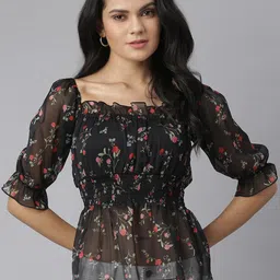 KASSUALLY Black & Red Floral Georgette Cinched Waist Top-98