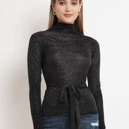 Popwings Self Design High Neck Waist Tie Ups Fitted Top-image-16