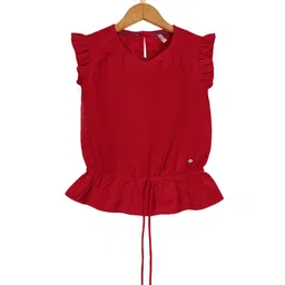 Creative Kids Girls V-Neck Flared Sleeves Tie Ups Detail Cotton Cinched Waist Top-picture-42
