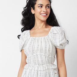 SPYKAR Vertical Striped Square Neck Puff Sleeves Cotton Cinched Waist Top-image-75