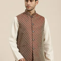 SOJANYA Men Maroon & Beige Woven Design Jacquard Silk Nehru Jacket-25