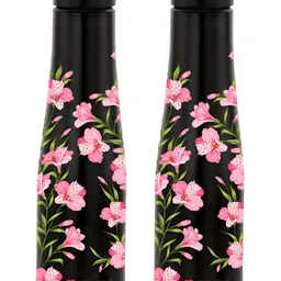 NIRLON Black 2 Pcs Floral Printed Stainless Steel Single Wall Vacuum Water Bottles 1L Each-33