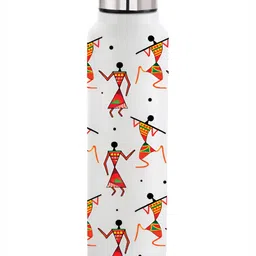 NIRLON White & Orange Warli Printed Stainless Steel Single Wall Vacuum Water Bottle 1L-1