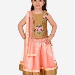 Superminis Girls Peach-Coloured & Beige Embroidered Ready to Wear Lehenga & Blouse With Dupatta-5