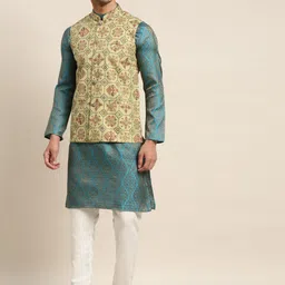 SOJANYA Men Teal Ethnic Motifs Kurta with Churidar & Nehru Jacket-11