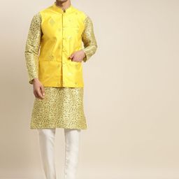 SOJANYA Men Lime Green Ethnic Motifs Printed Kurta & Churidar Comes with a Nehru Jacket-4