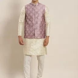 SOJANYA Men Cream-Coloured Ethnic Motifs Embroidered Kurta with Pyjamas & Nehru Jacket-3