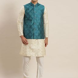 SOJANYA Men Cream-Coloured Ethnic Motifs Embroidered Kurta with Churidar & Nehru Jacket-picture-16