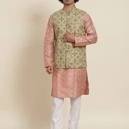 SOJANYA Men Coral Floral Sequinned Kurta with Pyjamas & Nehru Jacket-picture-14