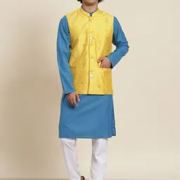 SOJANYA Men Blue Pure Cotton Kurta with Pyjamas & Nehru Jacket-image-93
