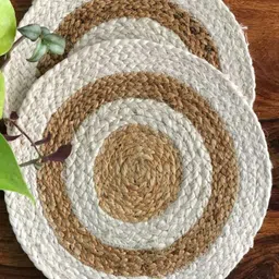 JASMEY HOMES Set Of 6 White & Beige Round Jute Table Placemats-2