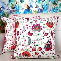 TARA- Sparkling Homes White & Red Set of 2 Embroidered Square Cushion Covers-1