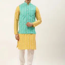 SOJANYA Men Yellow & White Embroidered Thread Work Kurta with Churidar & Nehru Jacket-image-82