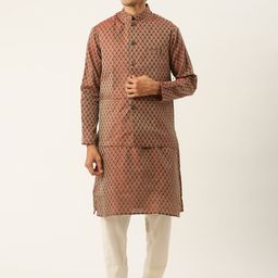 SOJANYA Men Maroon & Off-White Woven Design Kurta with Pyjamas & Nehru Jacket-36