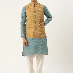 SOJANYA Men Teal Blue & Mustard Yellow Ethnic Motifs Kurta with Churidar & Nehru Jacket-image-88