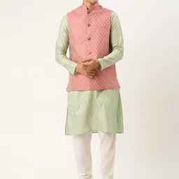 SOJANYA Men Green & Pink Ethnic Motifs Kurta with Churidar & Nehru Jacket-image-70