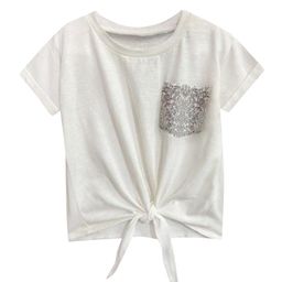A T U N Girls White Front Knot Pure Cotton Top with Embellished Pocket-image-52