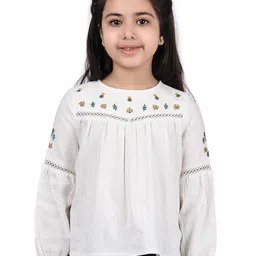 Miyo Girls Floral Embroidered Cut-Out Detail Puff Sleeves Cotton Top-picture-29