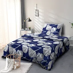 Cortina Navy Blue & White Floral Printed 110 TC Single Bedsheet With 1 Pillow Cover-image-31