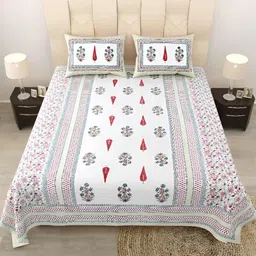 BED-SHEET.COM White Ethnic Motifs Printed Cotton 180 TC King Bedsheet with 2 Pillow Covers-image-60