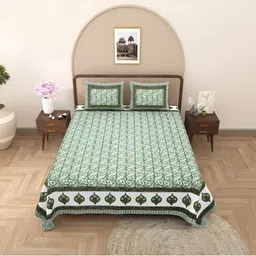 BED-SHEET.COM Green & White Ethnic Motifs 180 TC Cotton King Bedsheet with 2 Pillow Covers-image-10