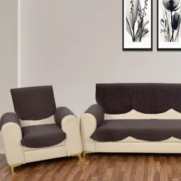 Sparrow world Coffee Brown 12 Pieces Quilted Velvet 5 Seater Sofa Cover With Arms-4