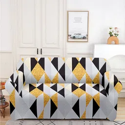 Aura Yellow & Yellow Printed Double Seater Sofa Cover With Arms-image-3
