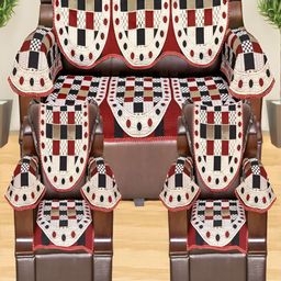 AZOTICA Maroon 12 Pieces Checked Cotton 5 Seater Sofa Covers With Arms-image-5