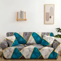 Lukzer Blue & Grey 3 Pieces Printed Sofa Cover With Arms-image-13
