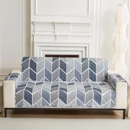 HOUSE OF QUIRK Blue & White Printed Polyester 1 Piece Sofa Cover With Arms-image-65
