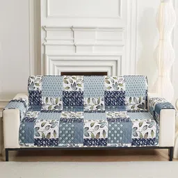 HOUSE OF QUIRK Blue & White Printed Polyester 1 Piece Sofa Cover With Arms-image-12