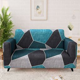 Story@home Blue & Black Printed 2 Seater Stretchable Sofa Cover With Arms-image-37