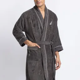 Nautica Men Grey Solid Pure Cotton Bath Robe With Belt-29