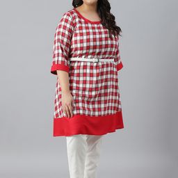 AURELIA Plus Size Round Neck Checked Thread Work Kurta With Belt-image-89