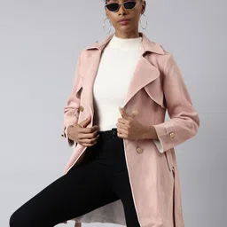 SHOWOFF Lapel Collar Windcheater Longline Open Front Jacket With Belt-15